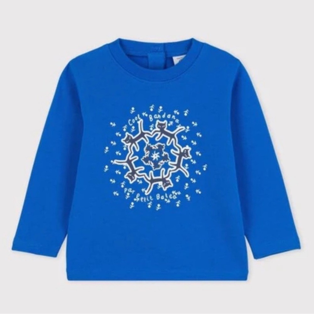 Petit Bateau Cat Print Girls 12M Cotton Crew Neck Long Sleeve Sweatshirt Blue